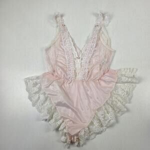 Vintage Tosca Lingerie Teddy Womens Medium Pink White Lace Bodysuit Made USA 80s